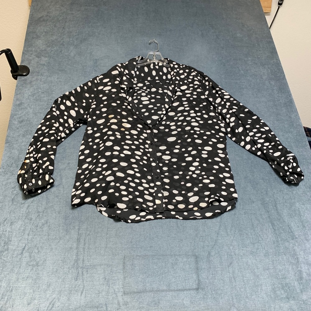 Larsen Gray Button Up Blouse Top Womens 2X Black White Polka Dot Long Sleeve
